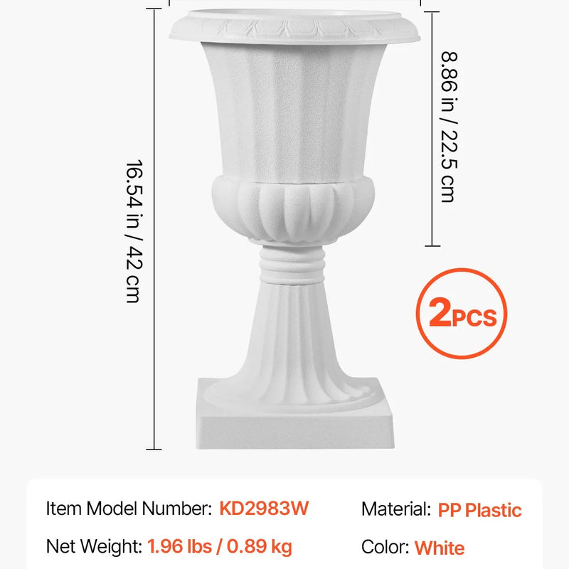 VEVOR plastmasas urnas tipa puķu podi 25 × 42 cm, 2 gab., klasiskie balti puķu podi iekštelpām un ārtelpām, dekoratīvi podi dārzam, balkonam, terasei, mājas ieejai, kāzām un pasākumiem
