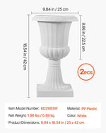 VEVOR plastmasas urnas tipa puķu podi 25 × 42 cm, 2 gab., klasiskie balti puķu podi iekštelpām un ārtelpām, dekoratīvi podi dārzam, balkonam, terasei, mājas ieejai, kāzām un pasākumiem