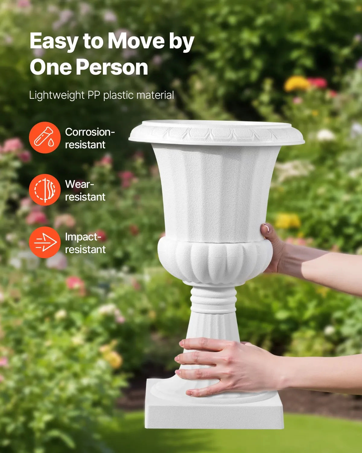 VEVOR plastmasas urnas tipa puķu podi 25 × 42 cm, 2 gab., klasiskie balti puķu podi iekštelpām un ārtelpām, dekoratīvi podi dārzam, balkonam, terasei, mājas ieejai, kāzām un pasākumiem