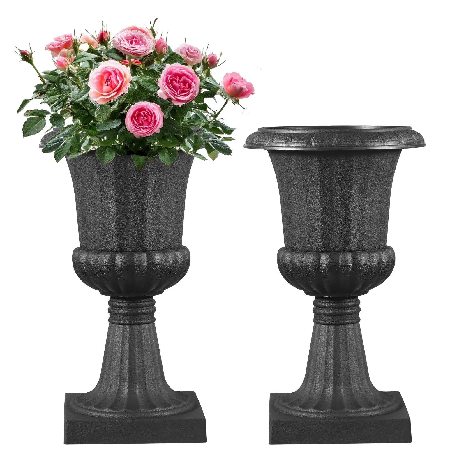 VEVOR plastmasas urnas tipa puķu podi 25 × 42 cm, 2 gab., klasiskie melni puķu podi iekštelpām un ārtelpām, dekoratīvi podi dārzam, balkonam, terasei, mājas ieejai, kāzām un pasākumiem