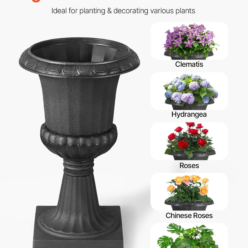 VEVOR plastmasas urnas tipa puķu podi 25 × 42 cm, 2 gab., klasiskie melni puķu podi iekštelpām un ārtelpām, dekoratīvi podi dārzam, balkonam, terasei, mājas ieejai, kāzām un pasākumiem