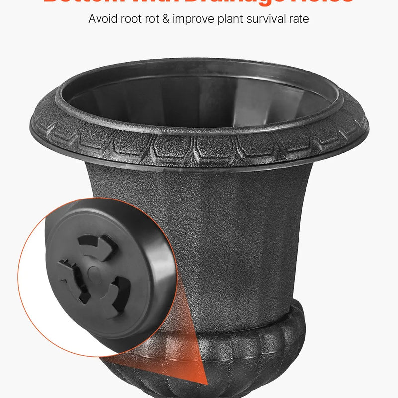 VEVOR plastmasas urnas tipa puķu podi 25 × 42 cm, 2 gab., klasiskie melni puķu podi iekštelpām un ārtelpām, dekoratīvi podi dārzam, balkonam, terasei, mājas ieejai, kāzām un pasākumiem