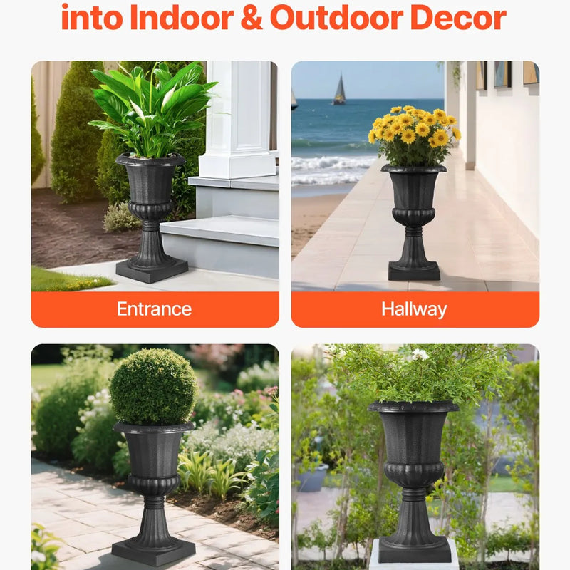 VEVOR plastmasas urnas tipa puķu podi 25 × 42 cm, 2 gab., klasiskie melni puķu podi iekštelpām un ārtelpām, dekoratīvi podi dārzam, balkonam, terasei, mājas ieejai, kāzām un pasākumiem