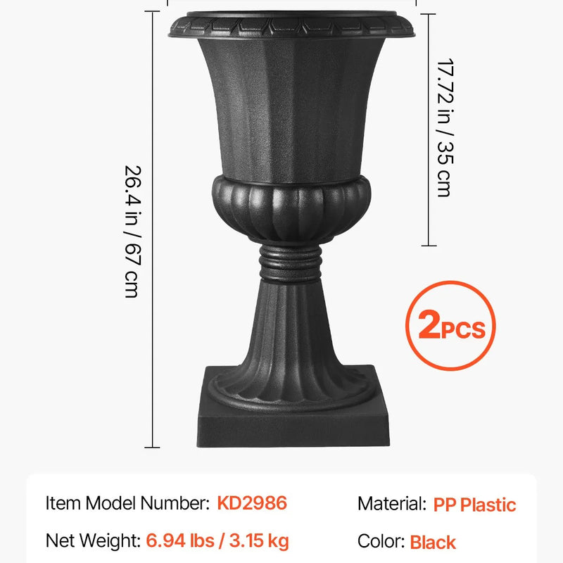 VEVOR plastmasas urnas tipa puķu podi 40 × 67 cm, 2 gab., klasiskie melni puķu podi iekštelpām un ārtelpām, dekoratīvi podi dārzam, balkonam, terasei, mājas ieejai, kāzām un pasākumiem