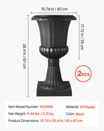 VEVOR plastmasas urnas tipa puķu podi 40 × 67 cm, 2 gab., klasiskie melni puķu podi iekštelpām un ārtelpām, dekoratīvi podi dārzam, balkonam, terasei, mājas ieejai, kāzām un pasākumiem