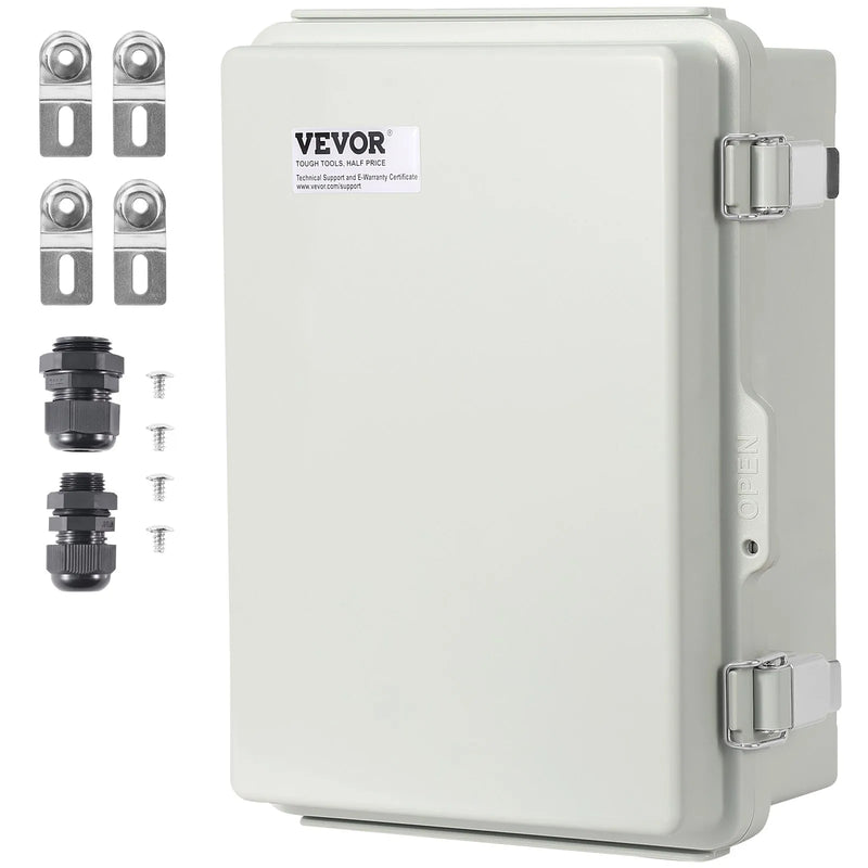 VEVOR āra elektrības sadales kārba 430 × 330 × 180 mm, ABS plastmasas elektriskā aizsargkārba ar eņģu vāku un nerūsējošā tērauda aizdari, IP67 putekļu un ūdensizturīga, paredzēta āra elektroinstalācijas projektiem