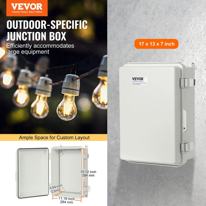 VEVOR āra elektrības sadales kārba 430 × 330 × 180 mm, ABS plastmasas elektriskā aizsargkārba ar eņģu vāku un nerūsējošā tērauda aizdari, IP67 putekļu un ūdensizturīga, paredzēta āra elektroinstalācijas projektiem