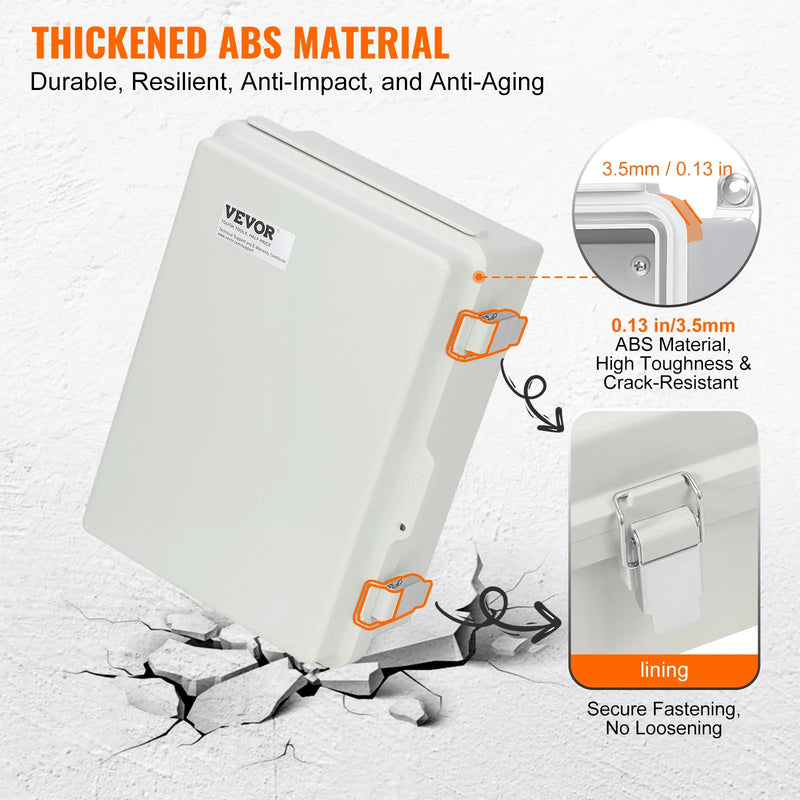 VEVOR āra elektrības sadales kārba 430 × 330 × 180 mm, ABS plastmasas elektriskā aizsargkārba ar eņģu vāku un nerūsējošā tērauda aizdari, IP67 putekļu un ūdensizturīga, paredzēta āra elektroinstalācijas projektiem