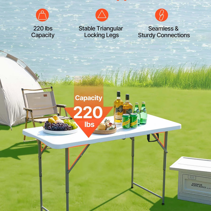 Saliekamais galds, 122 cm, izturīgs pārnēsājams plastmasas taisnstūra galds ar regulējamu augstumu un rokturi, piemērots lietošanai telpās un ārā – svinībām, ēdienreizēm, piknikiem, kempingam, balts