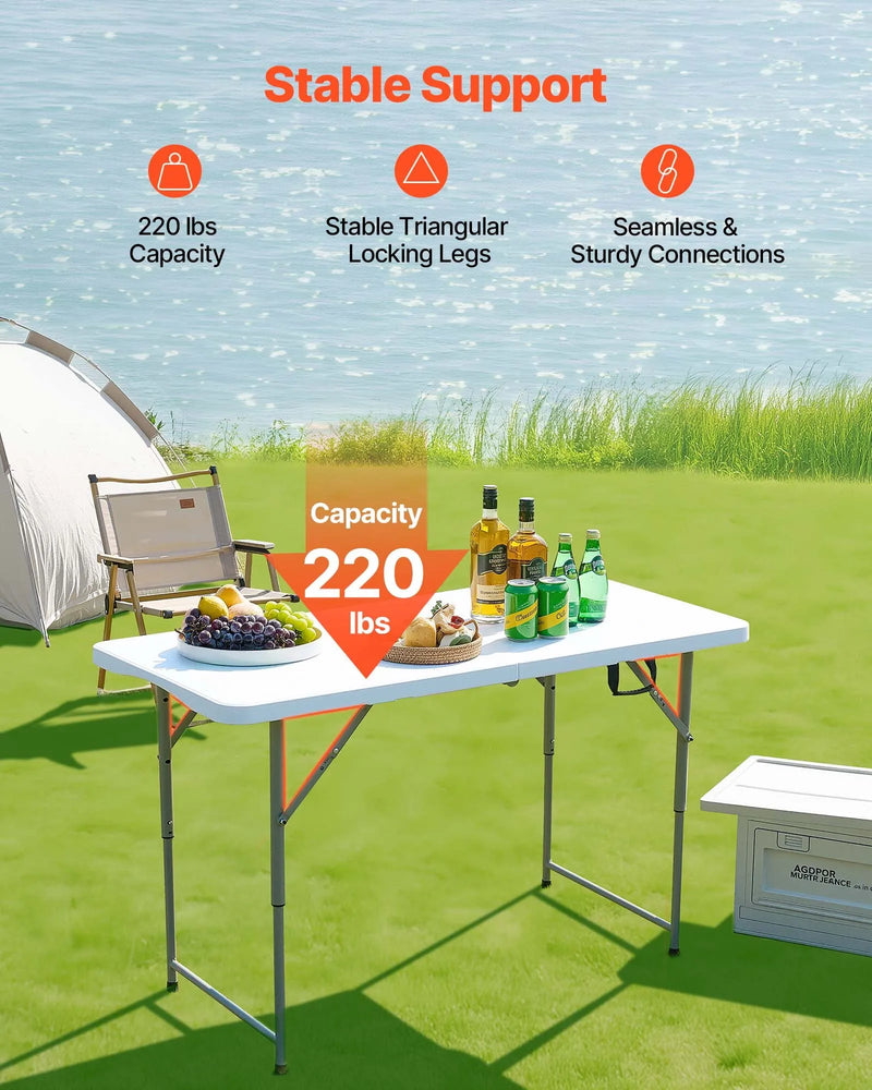 Saliekamais galds, 122 cm, izturīgs pārnēsājams plastmasas taisnstūra galds ar regulējamu augstumu un rokturi, piemērots lietošanai telpās un ārā – svinībām, ēdienreizēm, piknikiem, kempingam, balts