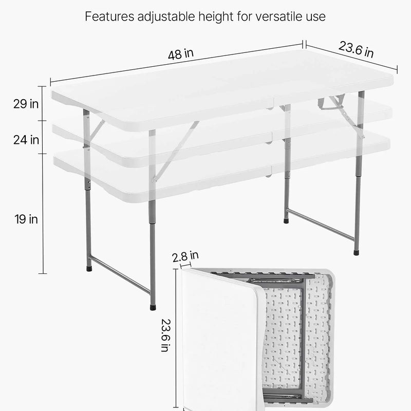 Saliekamais galds, 122 cm, izturīgs pārnēsājams plastmasas taisnstūra galds ar regulējamu augstumu un rokturi, piemērots lietošanai telpās un ārā – svinībām, ēdienreizēm, piknikiem, kempingam, balts