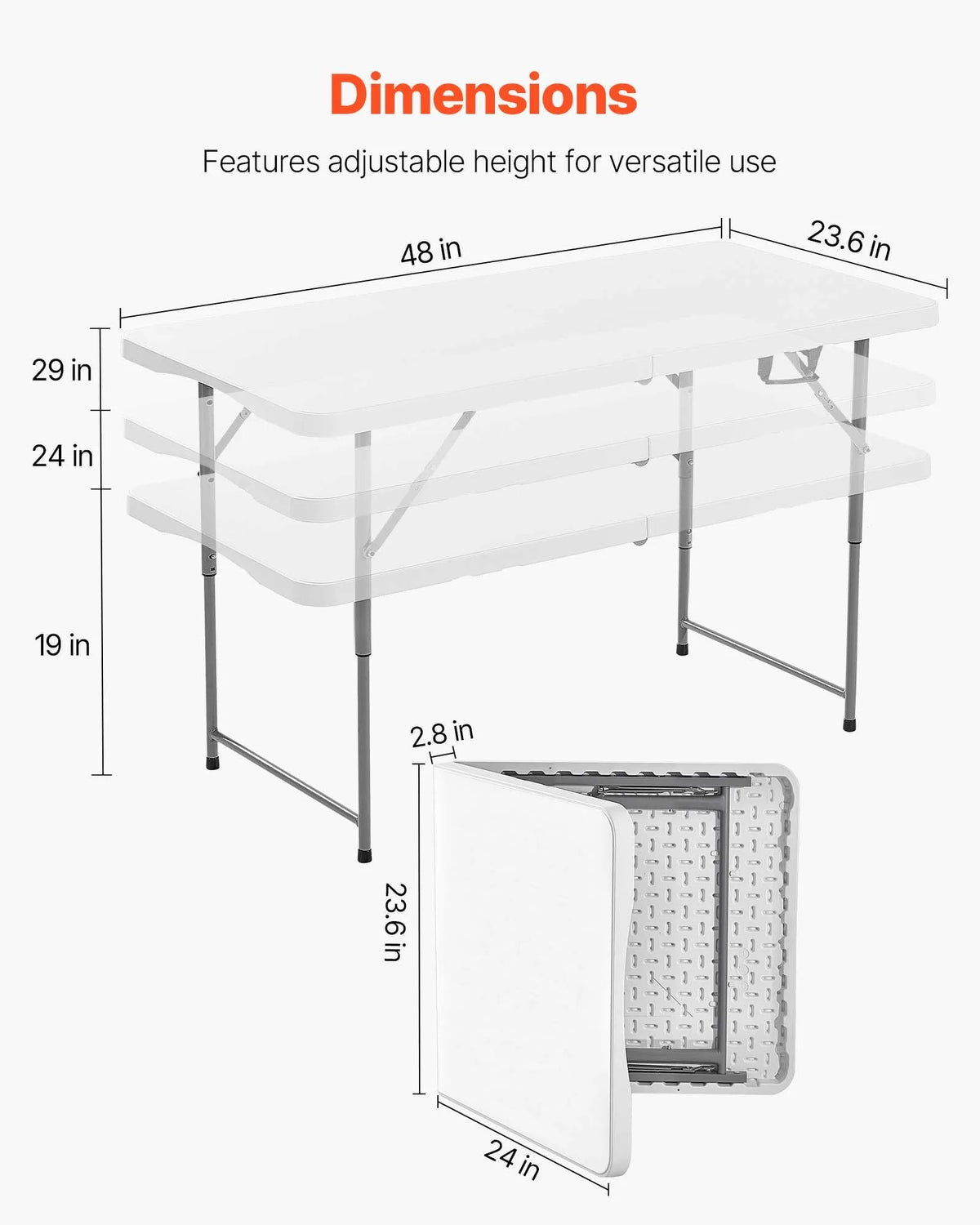 VEVOR Saliekamais galds, 122 cm, izturīgs pārnēsājams plastmasas taisnstūra galds ar regulējamu augstumu un rokturi, piemērots lietošanai telpās un ārā – svinībām, ēdienreizēm, piknikiem, kempingam, balts