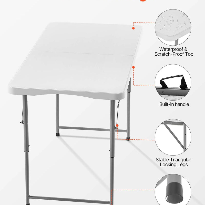 Saliekamais galds, 122 cm, izturīgs pārnēsājams plastmasas taisnstūra galds ar regulējamu augstumu un rokturi, piemērots lietošanai telpās un ārā – svinībām, ēdienreizēm, piknikiem, kempingam, balts