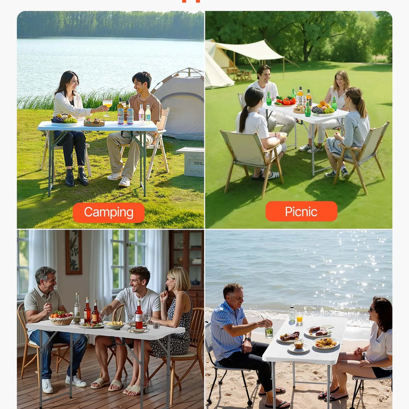 Saliekamais galds, 122 cm, izturīgs pārnēsājams plastmasas taisnstūra galds ar regulējamu augstumu un rokturi, piemērots lietošanai telpās un ārā – svinībām, ēdienreizēm, piknikiem, kempingam, balts