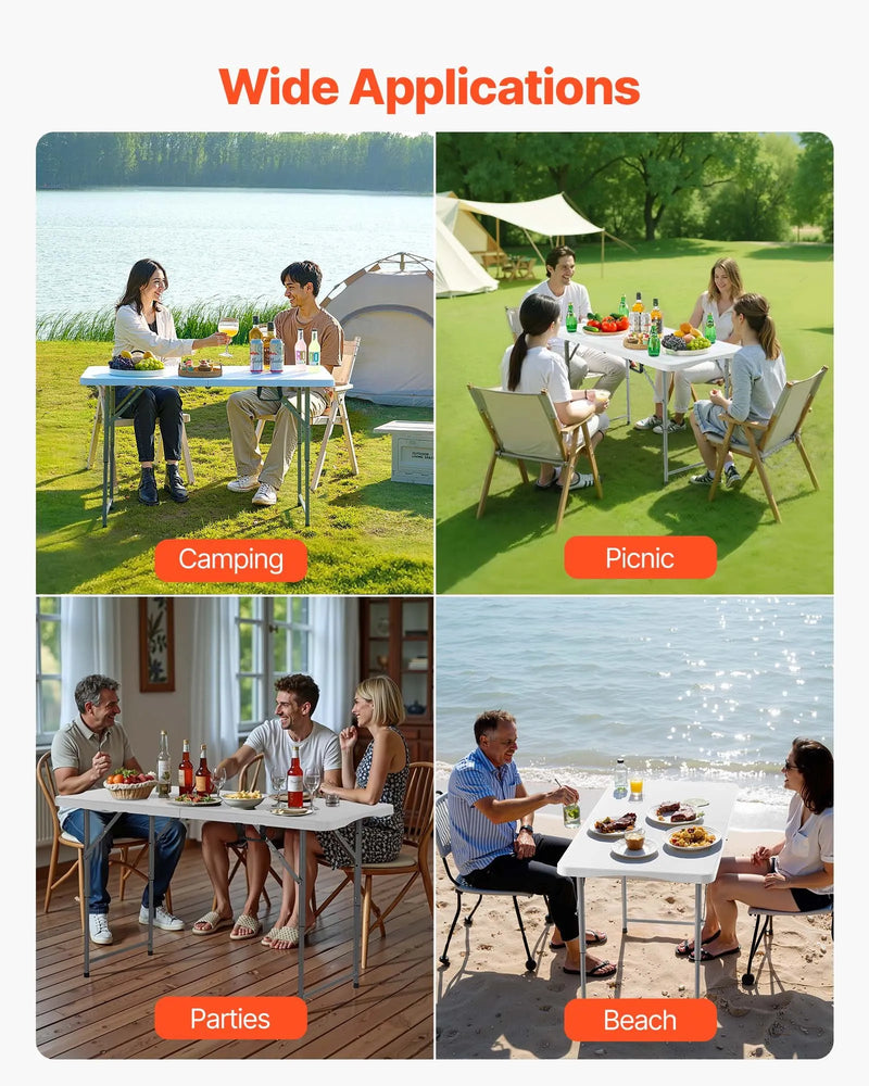 Saliekamais galds, 122 cm, izturīgs pārnēsājams plastmasas taisnstūra galds ar regulējamu augstumu un rokturi, piemērots lietošanai telpās un ārā – svinībām, ēdienreizēm, piknikiem, kempingam, balts