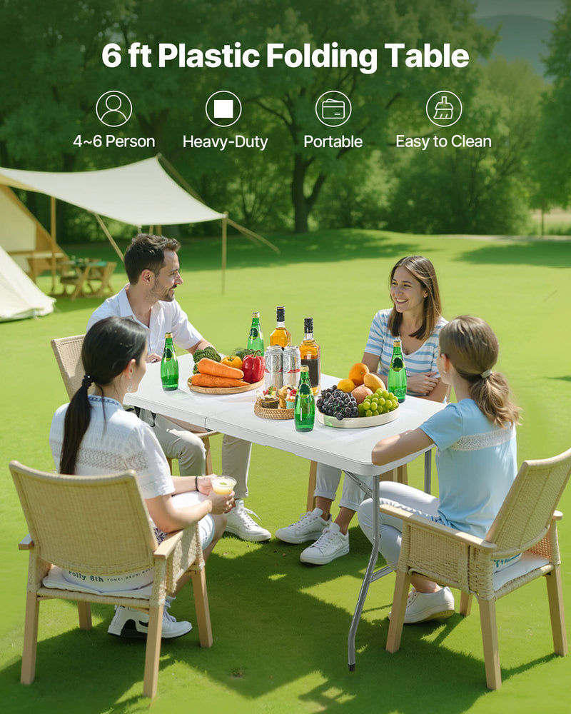 Saliekamais galds, 183 cm, izturīgs pārnēsājams plastmasas taisnstūra galds ar rokturi, piemērots lietošanai telpās un ārā – svinībām, ēdienreizēm, kāzām, pasākumiem, piknikiem, kempingam, balts