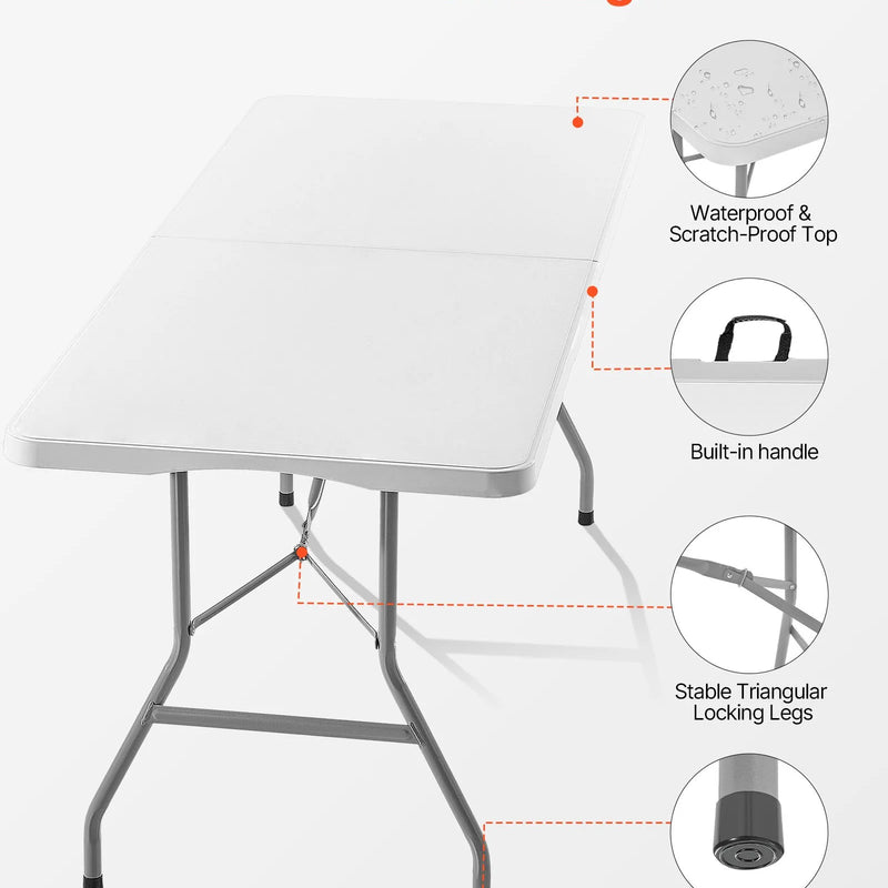 Saliekamais galds, 183 cm, izturīgs pārnēsājams plastmasas taisnstūra galds ar rokturi, piemērots lietošanai telpās un ārā – svinībām, ēdienreizēm, kāzām, pasākumiem, piknikiem, kempingam, balts