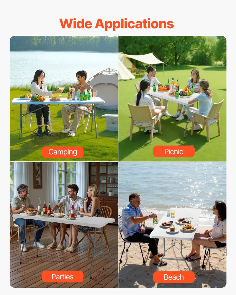 Saliekamais galds, 183 cm, izturīgs pārnēsājams plastmasas taisnstūra galds ar rokturi, piemērots lietošanai telpās un ārā – svinībām, ēdienreizēm, kāzām, pasākumiem, piknikiem, kempingam, balts