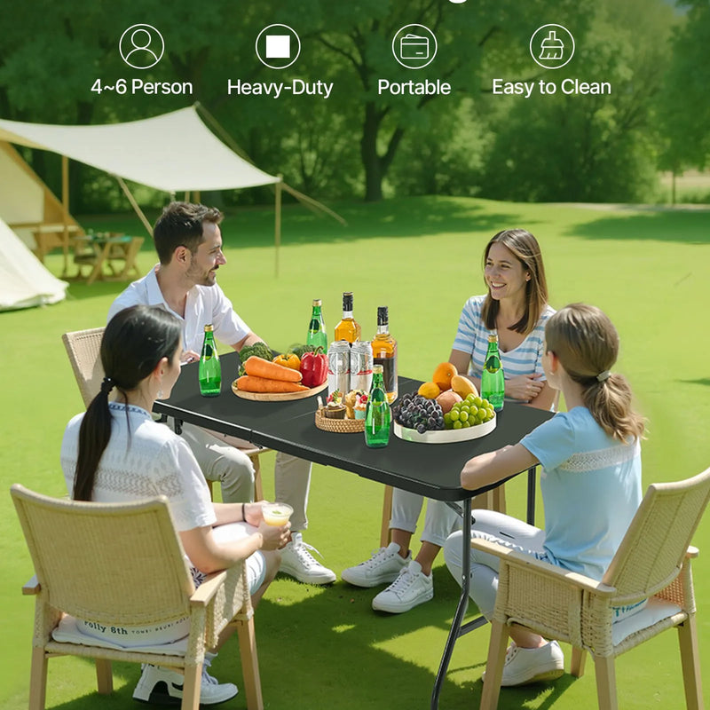 Saliekamais galds, 183 cm, izturīgs pārnēsājams plastmasas taisnstūra galds ar rokturi, piemērots lietošanai telpās un ārā – svinībām, ēdienreizēm, kāzām, pasākumiem, piknikiem, kempingam, melns
