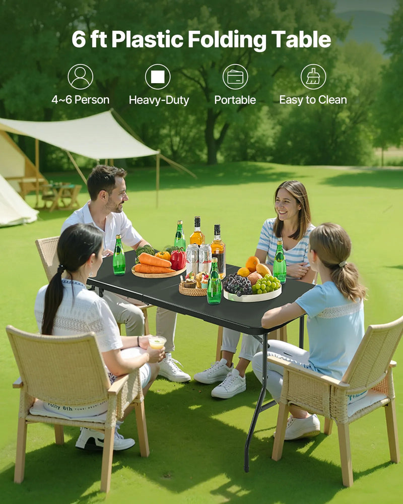 Saliekamais galds, 183 cm, izturīgs pārnēsājams plastmasas taisnstūra galds ar rokturi, piemērots lietošanai telpās un ārā – svinībām, ēdienreizēm, kāzām, pasākumiem, piknikiem, kempingam, melns