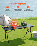 Saliekamais galds, 183 cm, izturīgs pārnēsājams plastmasas taisnstūra galds ar rokturi, piemērots lietošanai telpās un ārā – svinībām, ēdienreizēm, kāzām, pasākumiem, piknikiem, kempingam, melns