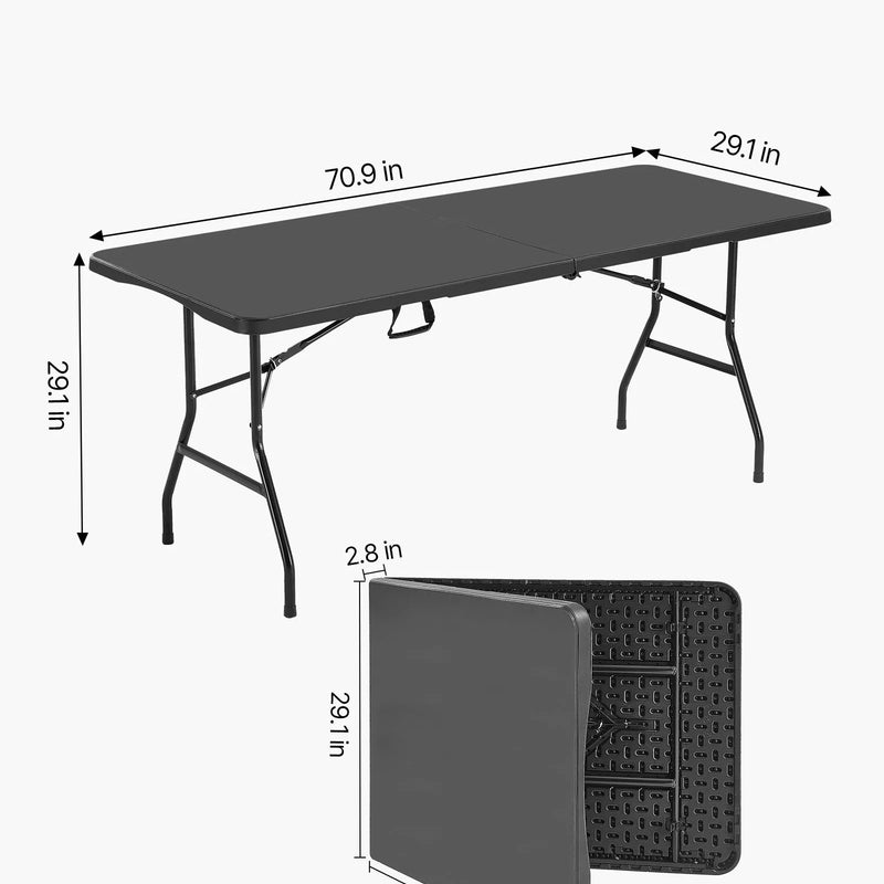 Saliekamais galds, 183 cm, izturīgs pārnēsājams plastmasas taisnstūra galds ar rokturi, piemērots lietošanai telpās un ārā – svinībām, ēdienreizēm, kāzām, pasākumiem, piknikiem, kempingam, melns