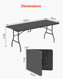 Saliekamais galds, 183 cm, izturīgs pārnēsājams plastmasas taisnstūra galds ar rokturi, piemērots lietošanai telpās un ārā – svinībām, ēdienreizēm, kāzām, pasākumiem, piknikiem, kempingam, melns