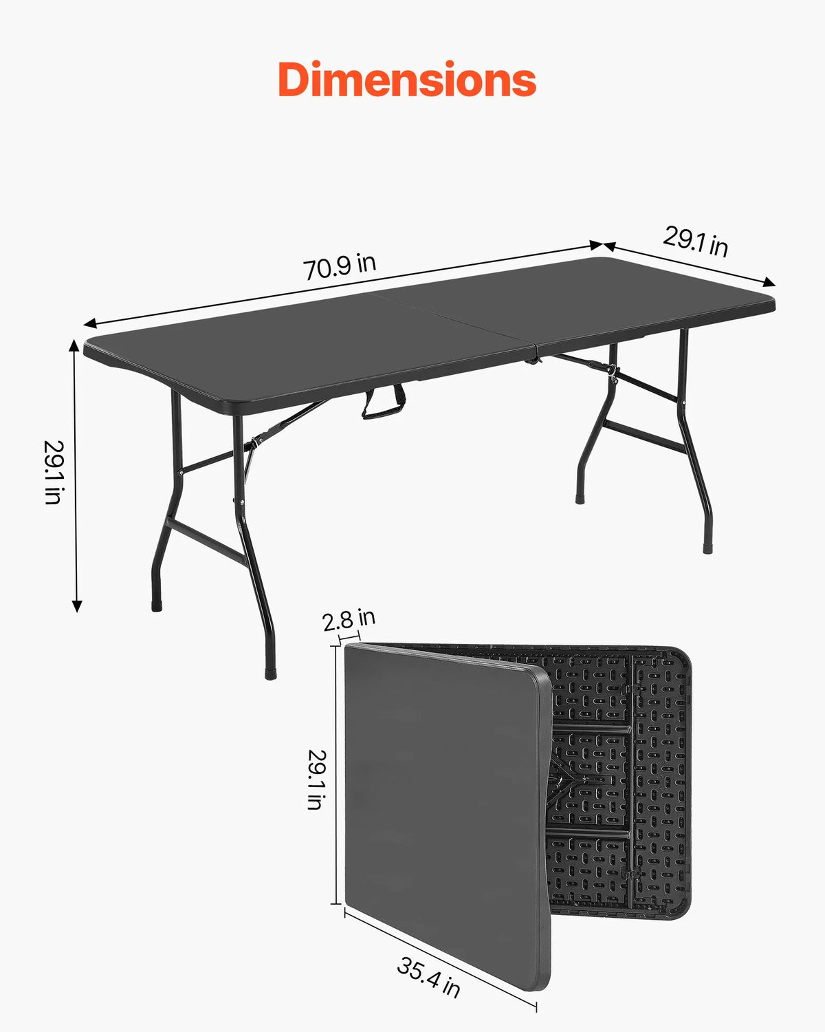 VEVOR Saliekamais galds, 183 cm, izturīgs pārnēsājams plastmasas taisnstūra galds ar rokturi, piemērots lietošanai telpās un ārā – svinībām, ēdienreizēm, kāzām, pasākumiem, piknikiem, kempingam, melns