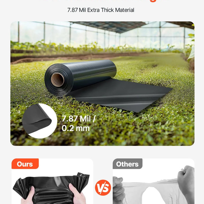 VEVOR 0,25 mm bieza plastmasas plēve 3,05 x 30,48 m, pastiprināts polietilēna pārklājums, aizsargplēve krāsošanai, tvaika barjera pagrīdes telpām, daudzfunkcionāla, melna
