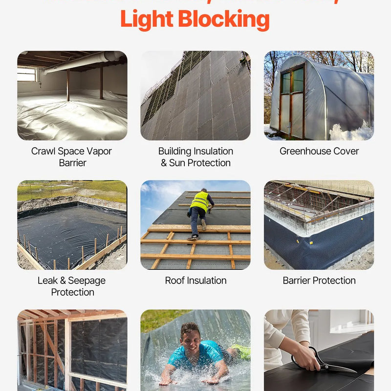 VEVOR 0,25 mm bieza plastmasas plēve 3,05 x 30,48 m, pastiprināts polietilēna pārklājums, aizsargplēve krāsošanai, tvaika barjera pagrīdes telpām, daudzfunkcionāla, melna