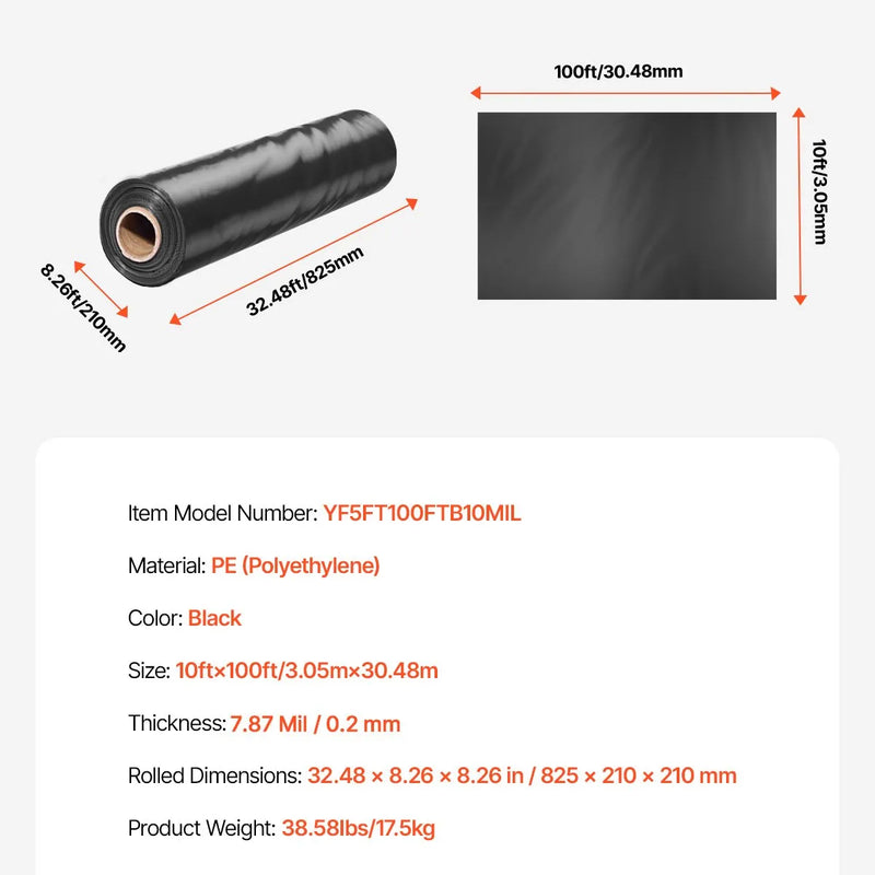 VEVOR 0,25 mm bieza plastmasas plēve 3,05 x 30,48 m, pastiprināts polietilēna pārklājums, aizsargplēve krāsošanai, tvaika barjera pagrīdes telpām, daudzfunkcionāla, melna