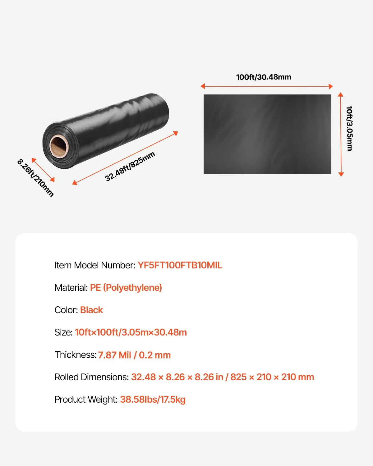 VEVOR 0,25 mm bieza plastmasas plēve 3,05 x 30,48 m, pastiprināts polietilēna pārklājums, aizsargplēve krāsošanai, tvaika barjera pagrīdes telpām, daudzfunkcionāla, melna