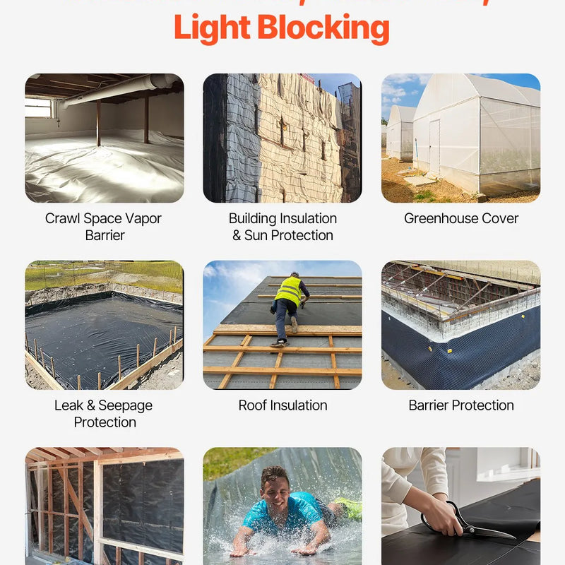 VEVOR 3,05 x 30,48 m plastmasas plēve 0,15 mm bieza, pastiprināts polietilēna pārklājums, krāsošanas aizsargplēve un pagrīdes tvaika barjera, melnbalta divpusēja, daudzfunkcionāla