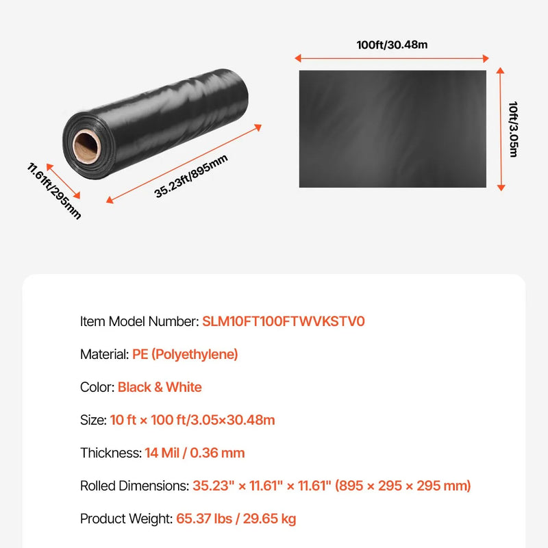 VEVOR 0,35 mm bieza plastmasas plēve 3,05 x 30,48 m, pastiprināts polietilēna pārklājums, krāsošanas aizsargplēve un pagrīdes tvaika barjera, melnbalta divpusēja, daudzfunkcionāla