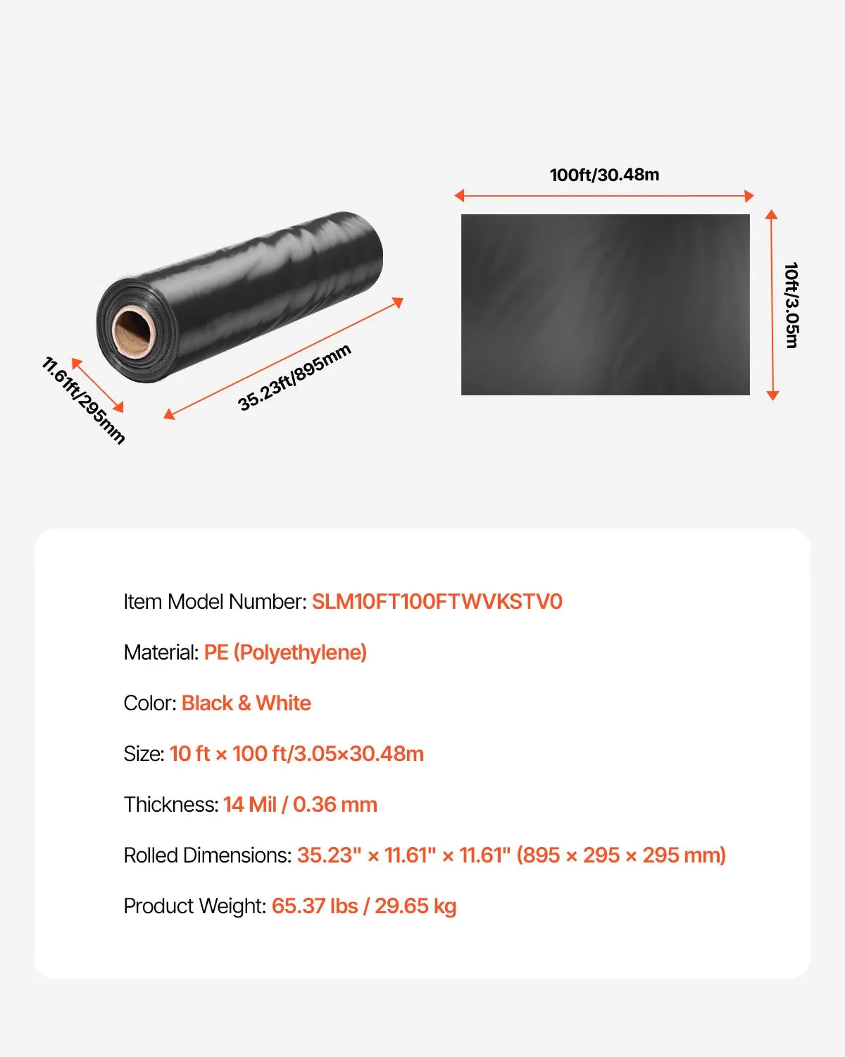 VEVOR 0,35 mm bieza plastmasas plēve 3,05 x 30,48 m, pastiprināts polietilēna pārklājums, krāsošanas aizsargplēve un pagrīdes tvaika barjera, melnbalta divpusēja, daudzfunkcionāla