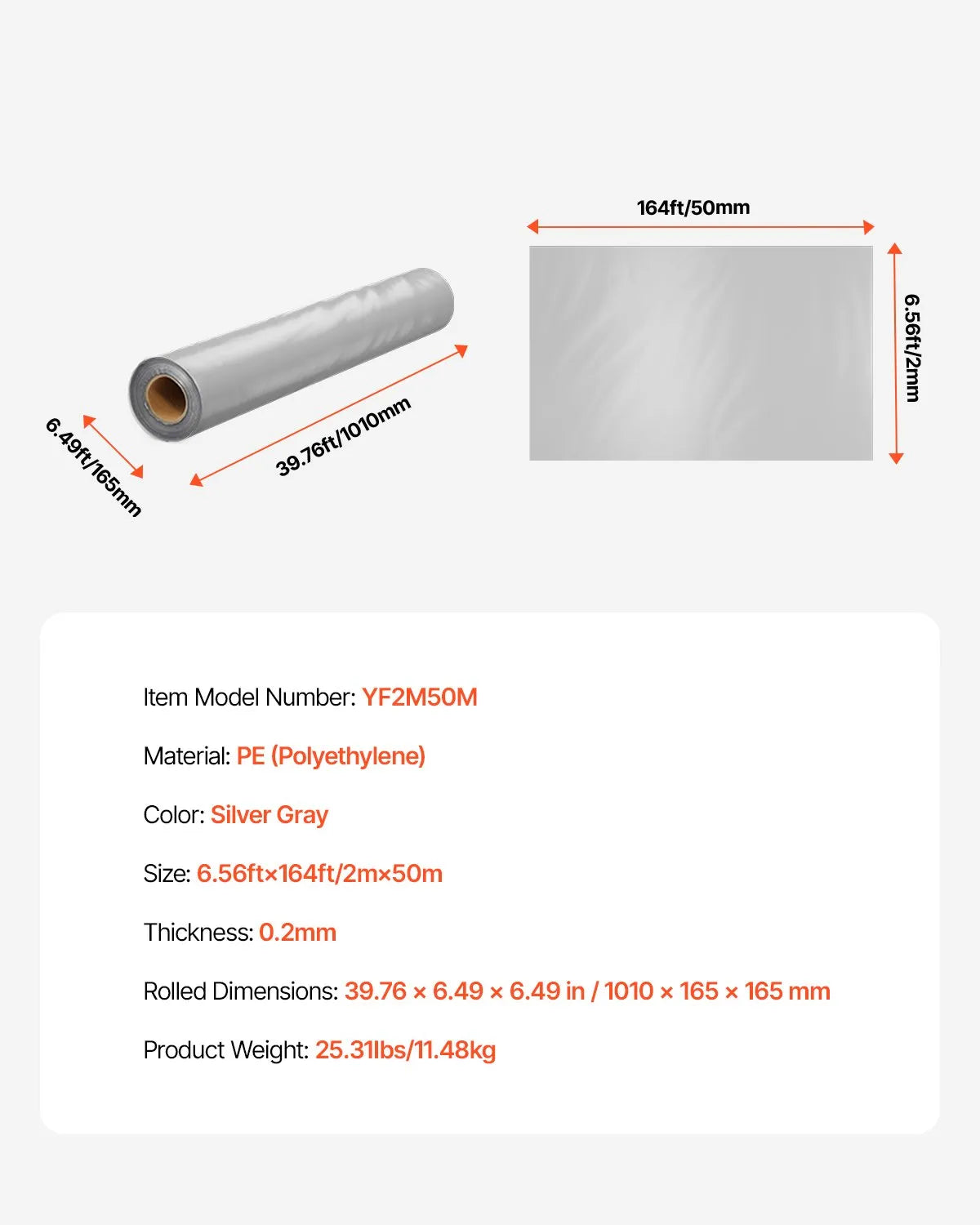 VEVOR 0,2 mm plastmasas plēve, 1,98 x 50 m pagrīdes tvaika barjera, izturīgs dārza polietilēna plēves rullis, daudzfunkcionāla būvniecības plēve, krāsošanas aizsargplēve saimniecībai, pelēka
