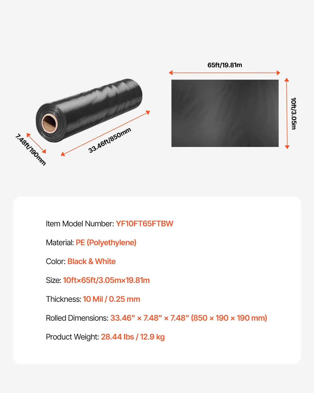 VEVOR 0,25 mm bieza plastmasas plēve 3 x 19,8 m, smaga tipa plastmasas plēves rullis, krāsošanas aizsargpārklājs un tvaika barjera pamatu pārsegumiem, melnbalta abpusēja, daudzfunkcionāla