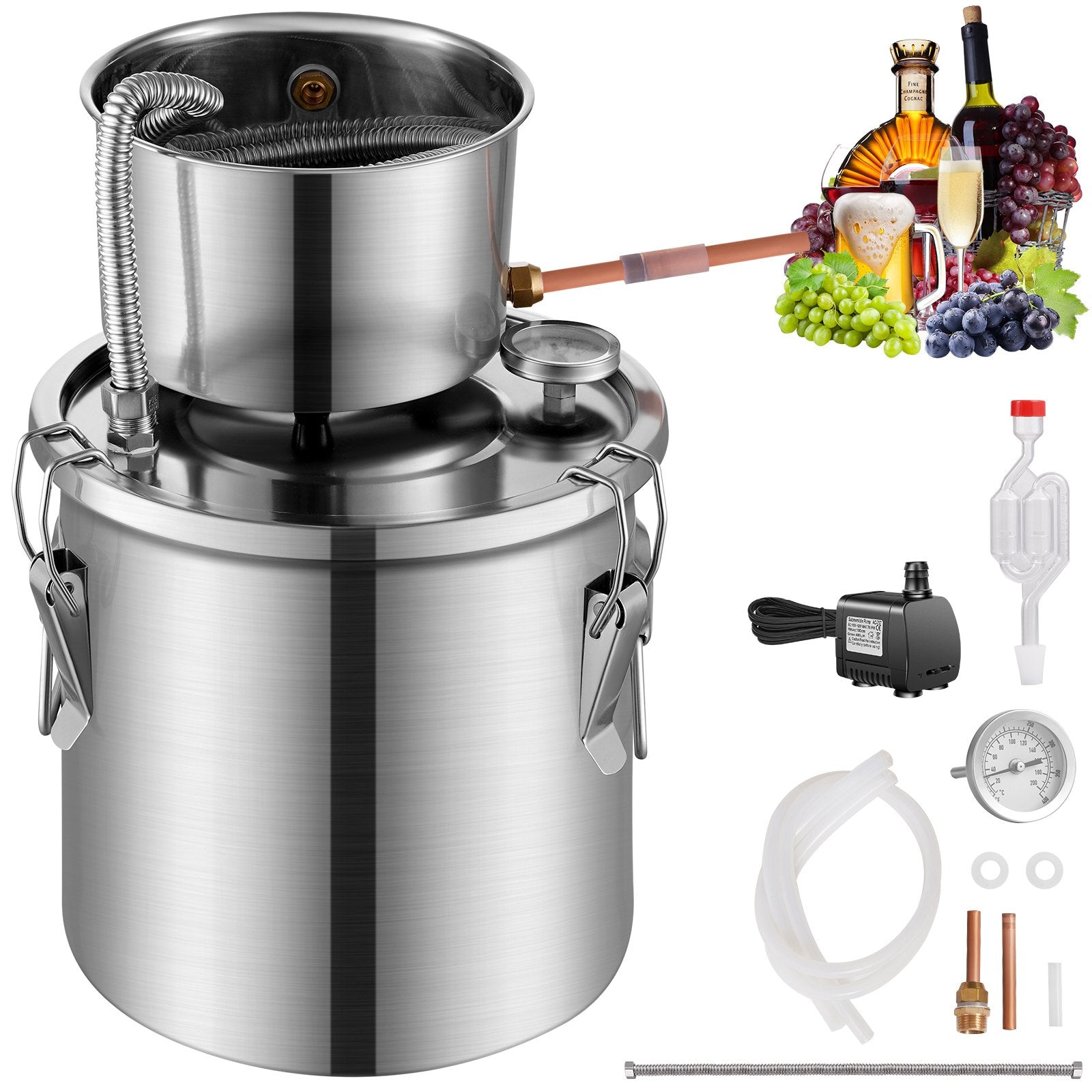 11.4L stainless steel still with built-in thermometer on lid and water circulation pump, suitable for alcohol distillation