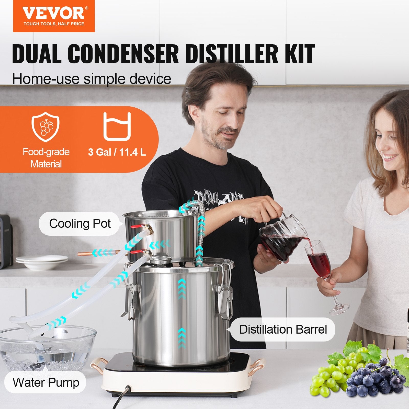 11.4L stainless steel still with built-in thermometer on lid and water circulation pump, suitable for alcohol distillation