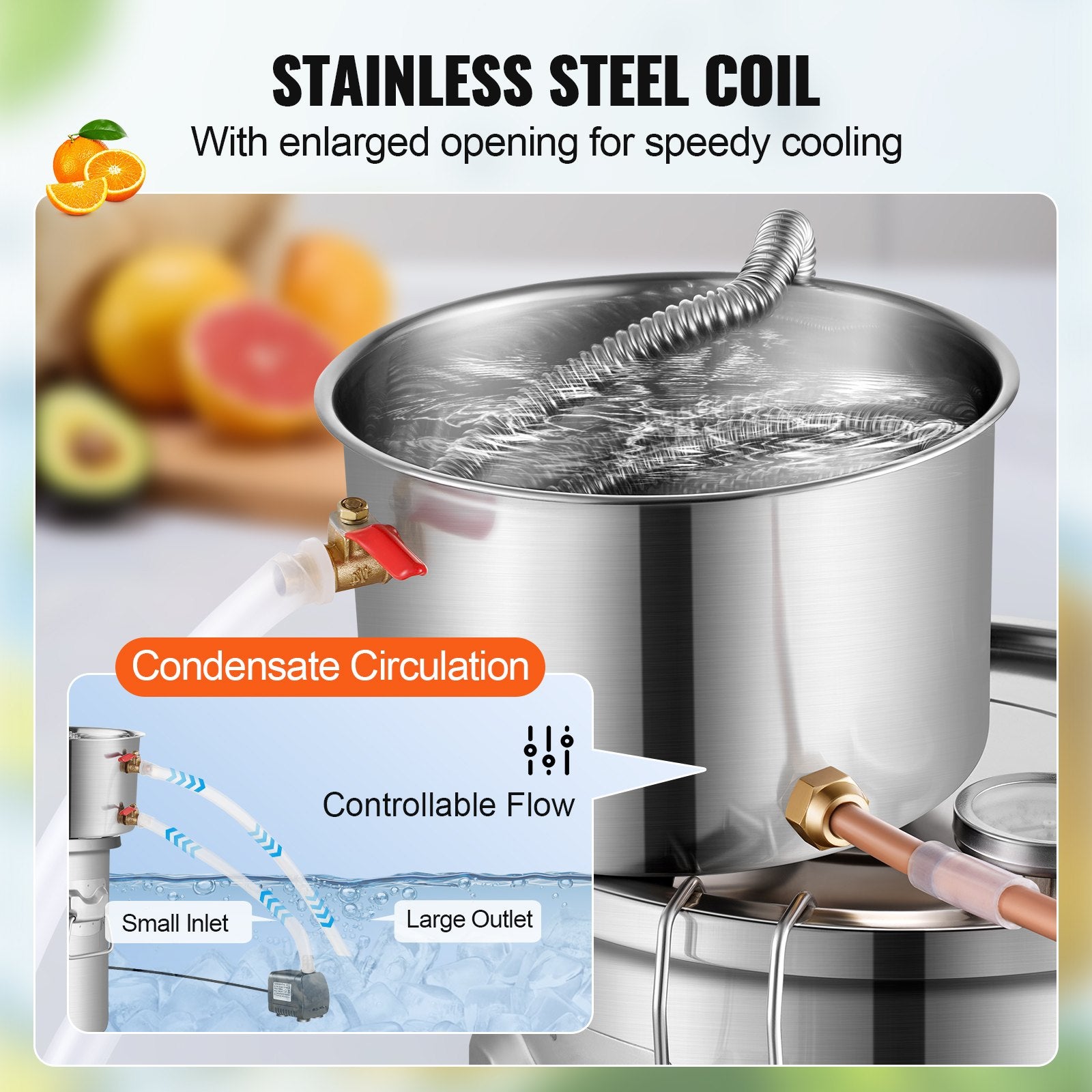11.4L stainless steel still with built-in thermometer on lid and water circulation pump, suitable for alcohol distillation