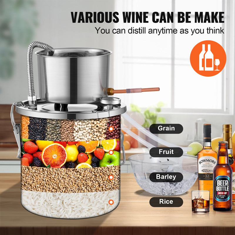 11.4L nerūsējošā tērauda destilācijas aparāts ar iebūvētu termometru uz vāka un ūdens cirkulācijas sūkni, piemērots alkohola destilācijai