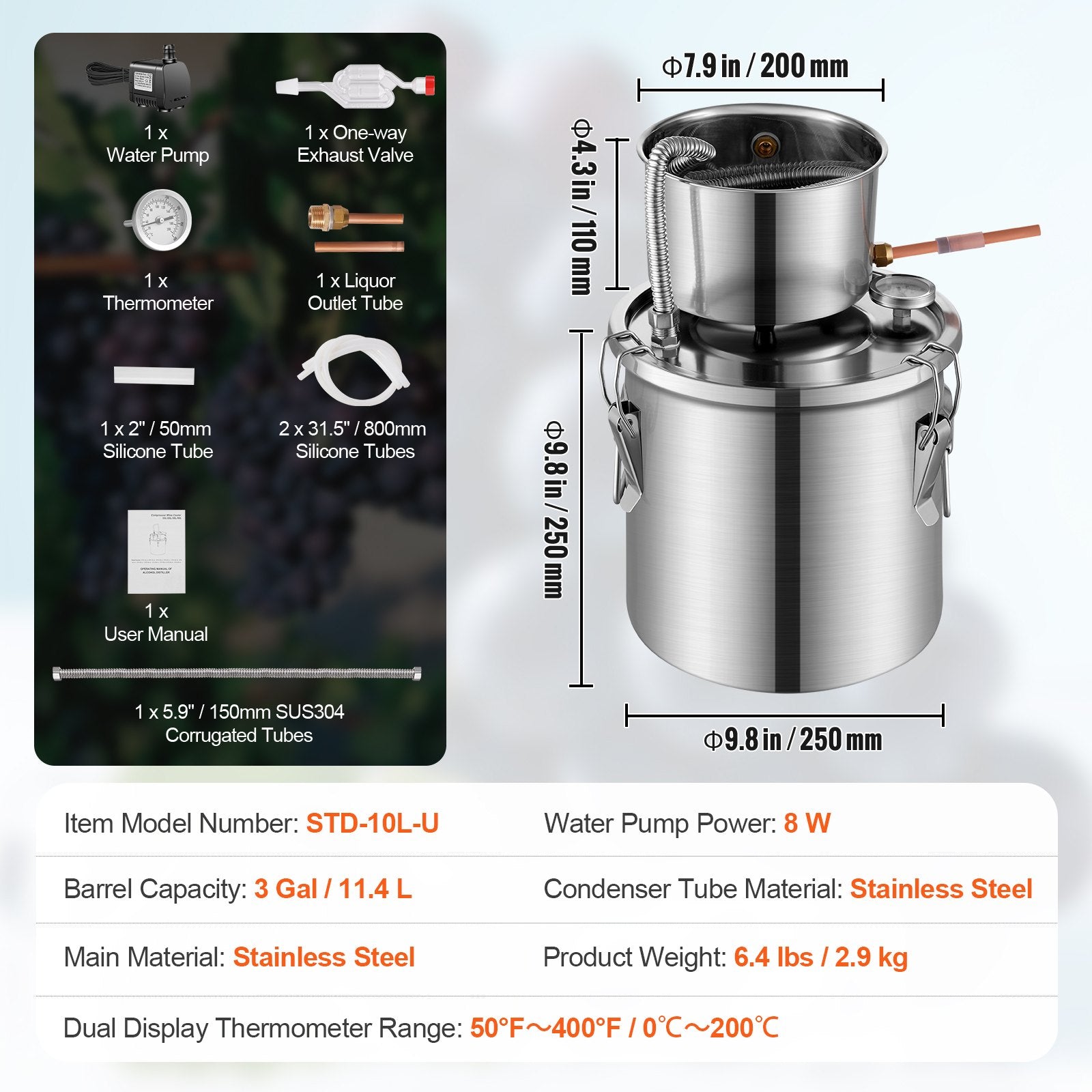 11.4L stainless steel still with built-in thermometer on lid and water circulation pump, suitable for alcohol distillation