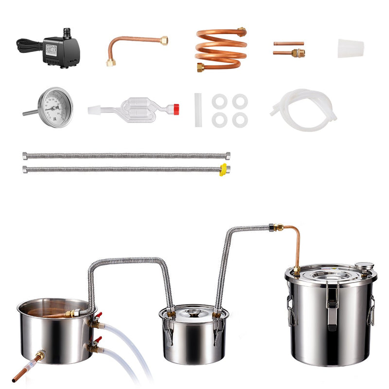 11.4L divu kondensatoru destilācijas aparāts ar iebūvētu termometru uz vāka un 8W ūdens cirkulācijas sūkni,  šo iekārtu var izmantot augļu vīnu, brendija, degvīna, viskija, etanola, ūdens un ēterisko eļļu destilācijai.