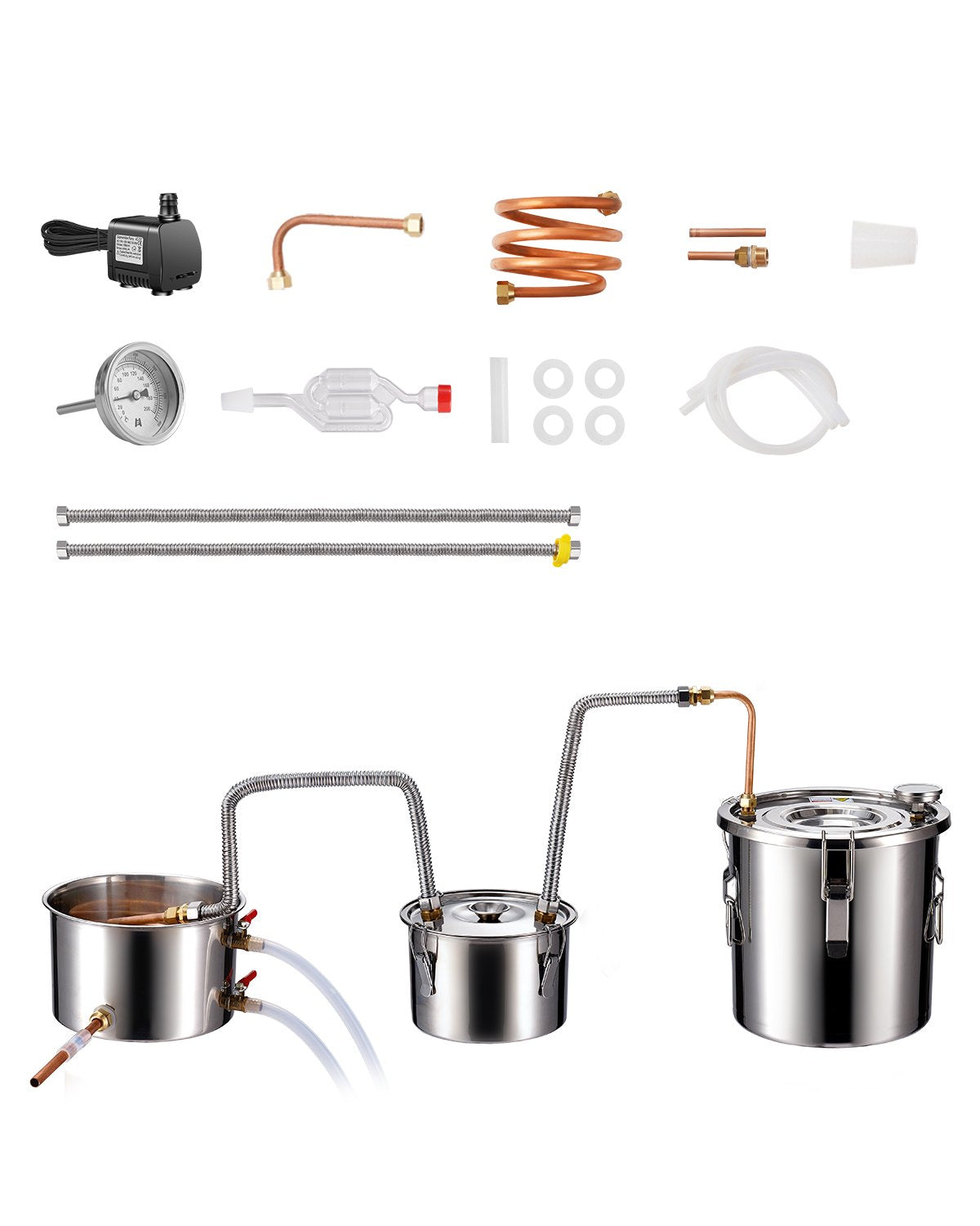 VEVOR 11.4L dual condenser still with built-in thermometer on the lid and 8W water circulation pump, this still can be used for distillation of fruit wines, brandy, vodka, whisky, ethanol, water and essential oils.