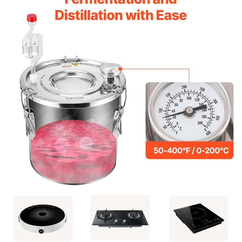 11.4L divu kondensatoru destilācijas aparāts ar iebūvētu termometru uz vāka un 8W ūdens cirkulācijas sūkni,  šo iekārtu var izmantot augļu vīnu, brendija, degvīna, viskija, etanola, ūdens un ēterisko eļļu destilācijai.