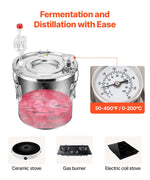 VEVOR 11.4L dual condenser still with built-in thermometer on the lid and 8W water circulation pump, this still can be used for distillation of fruit wines, brandy, vodka, whisky, ethanol, water and essential oils.