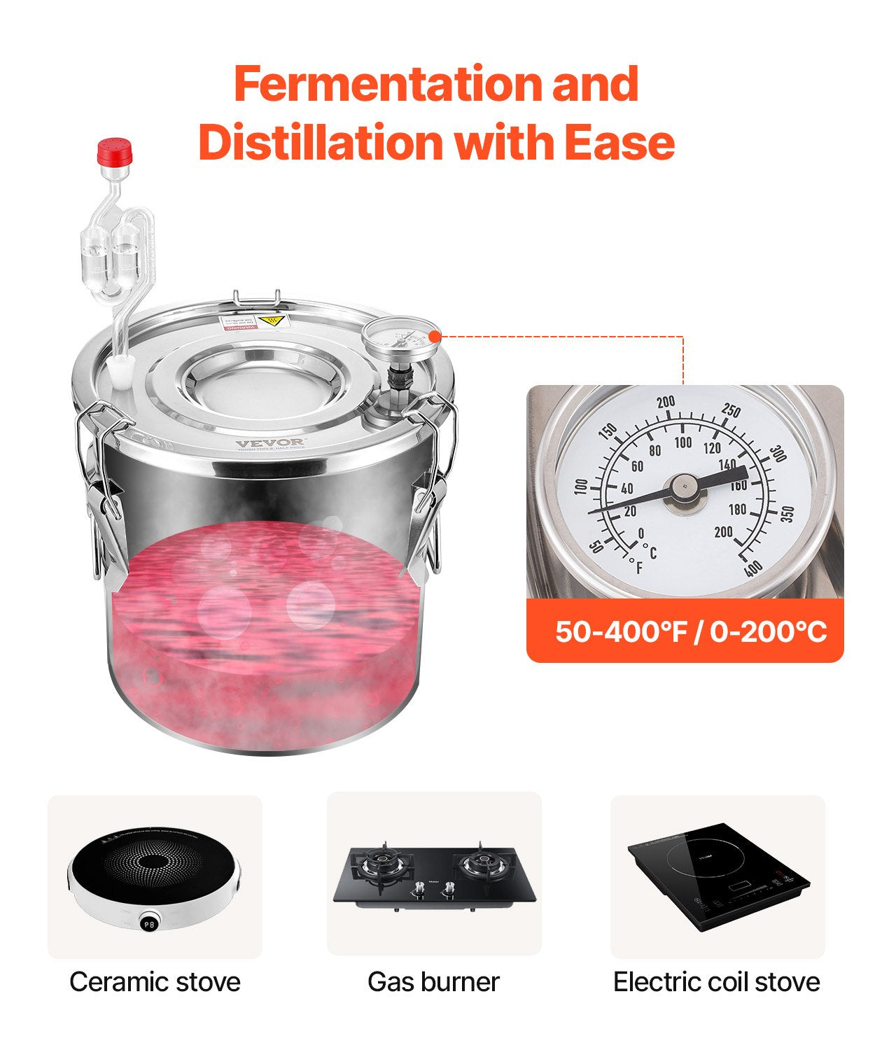VEVOR 11.4L dual condenser still with built-in thermometer on the lid and 8W water circulation pump, this still can be used for distillation of fruit wines, brandy, vodka, whisky, ethanol, water and essential oils.
