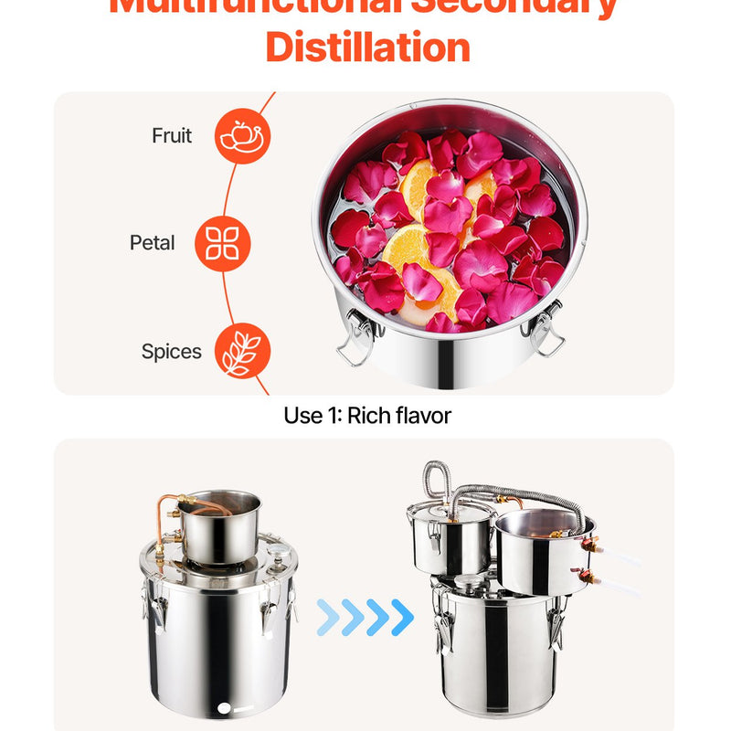 11.4L divu kondensatoru destilācijas aparāts ar iebūvētu termometru uz vāka un 8W ūdens cirkulācijas sūkni,  šo iekārtu var izmantot augļu vīnu, brendija, degvīna, viskija, etanola, ūdens un ēterisko eļļu destilācijai.