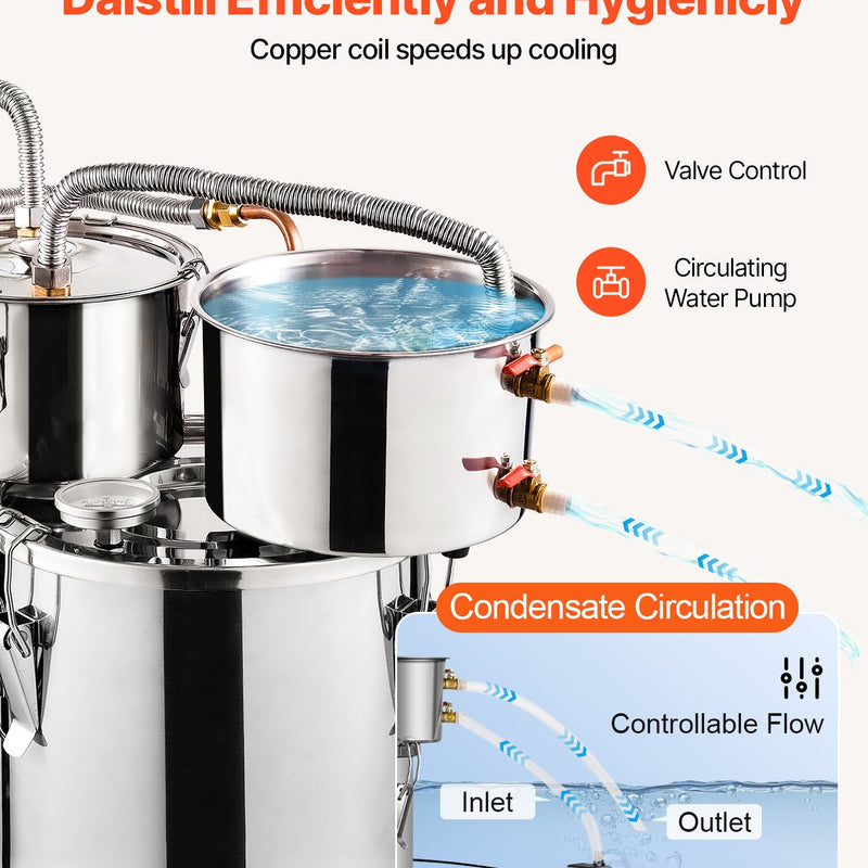11.4L divu kondensatoru destilācijas aparāts ar iebūvētu termometru uz vāka un 8W ūdens cirkulācijas sūkni,  šo iekārtu var izmantot augļu vīnu, brendija, degvīna, viskija, etanola, ūdens un ēterisko eļļu destilācijai.