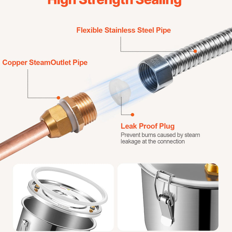 11.4L divu kondensatoru destilācijas aparāts ar iebūvētu termometru uz vāka un 8W ūdens cirkulācijas sūkni,  šo iekārtu var izmantot augļu vīnu, brendija, degvīna, viskija, etanola, ūdens un ēterisko eļļu destilācijai.